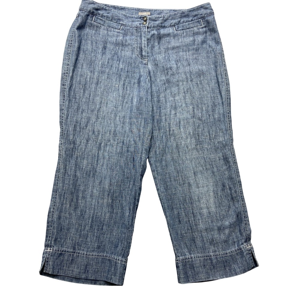 J Jill Womens 10 Blue Chambray Linen Blend Cropped Wide Leg Pants Pockets